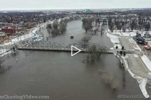 Drone Footage - Red River Flooding Closes Bridge, Grand Forks, ND - 4/25/2022