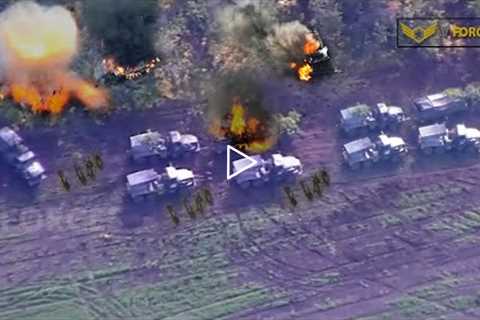 Drone Footage!! The 59th Brigade destroys column of military vehicles as Russian troops retreat