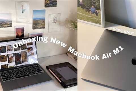 Unboxing New Macbook Air M1 in 2024 (space grey) - quick set up, accessories ✨