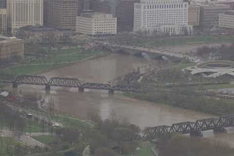 Tower camera view of high water in Scioto River in downtown Columbus